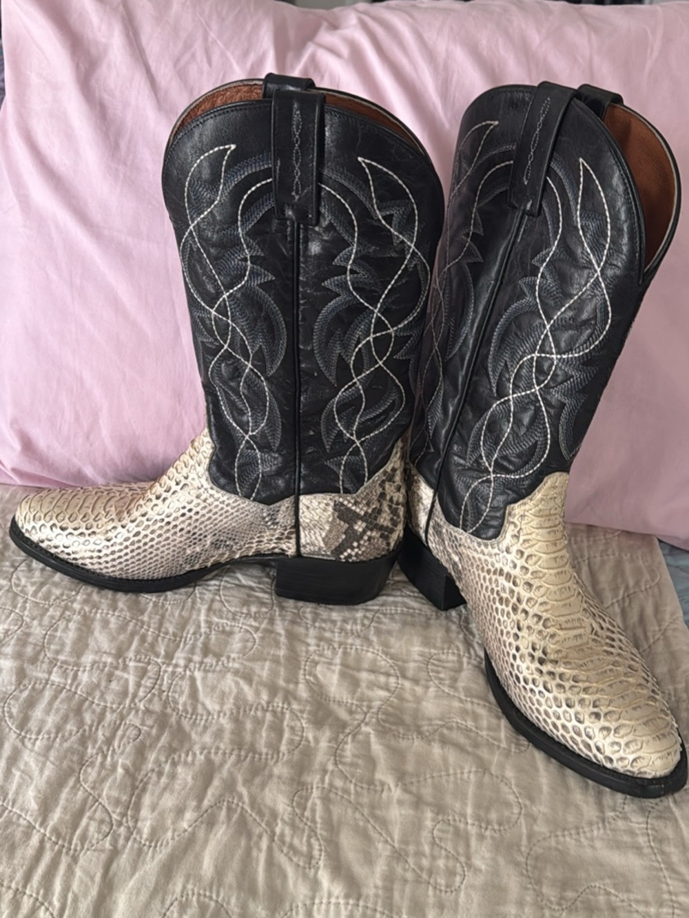 Dan Post Black Shaft with Cream Snakeskin Foot Western Boots